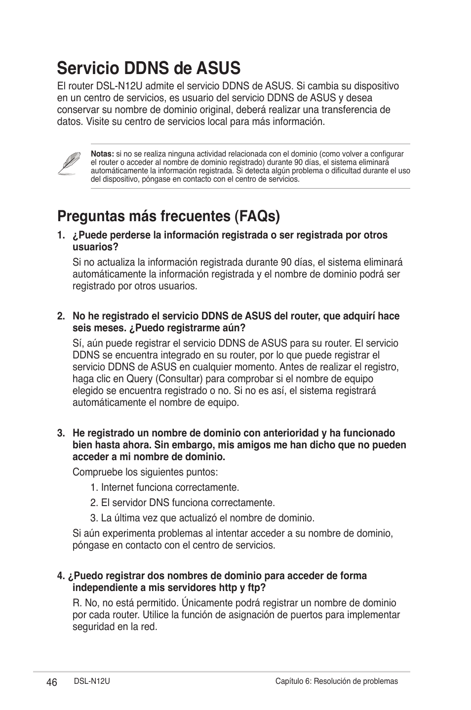 Servicio ddns de asus, Preguntas más frecuentes (faqs) | Asus DSL-N12U User Manual | Page 46 / 61