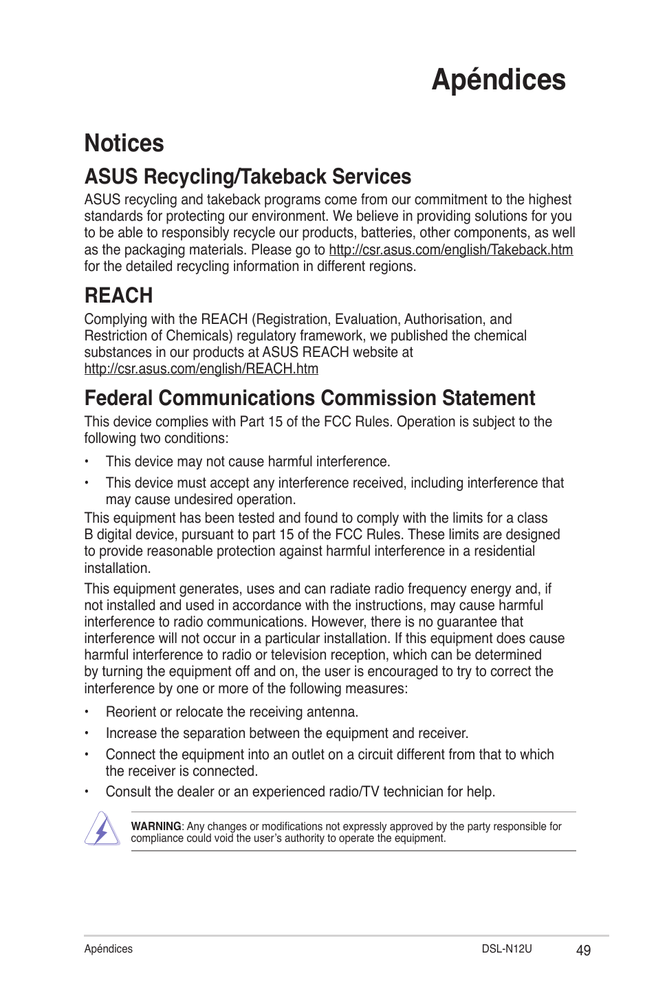 Apéndices, Notices, Asus recycling/takeback services | Reach, Federal communications commission statement | Asus DSL-N12U User Manual | Page 49 / 61