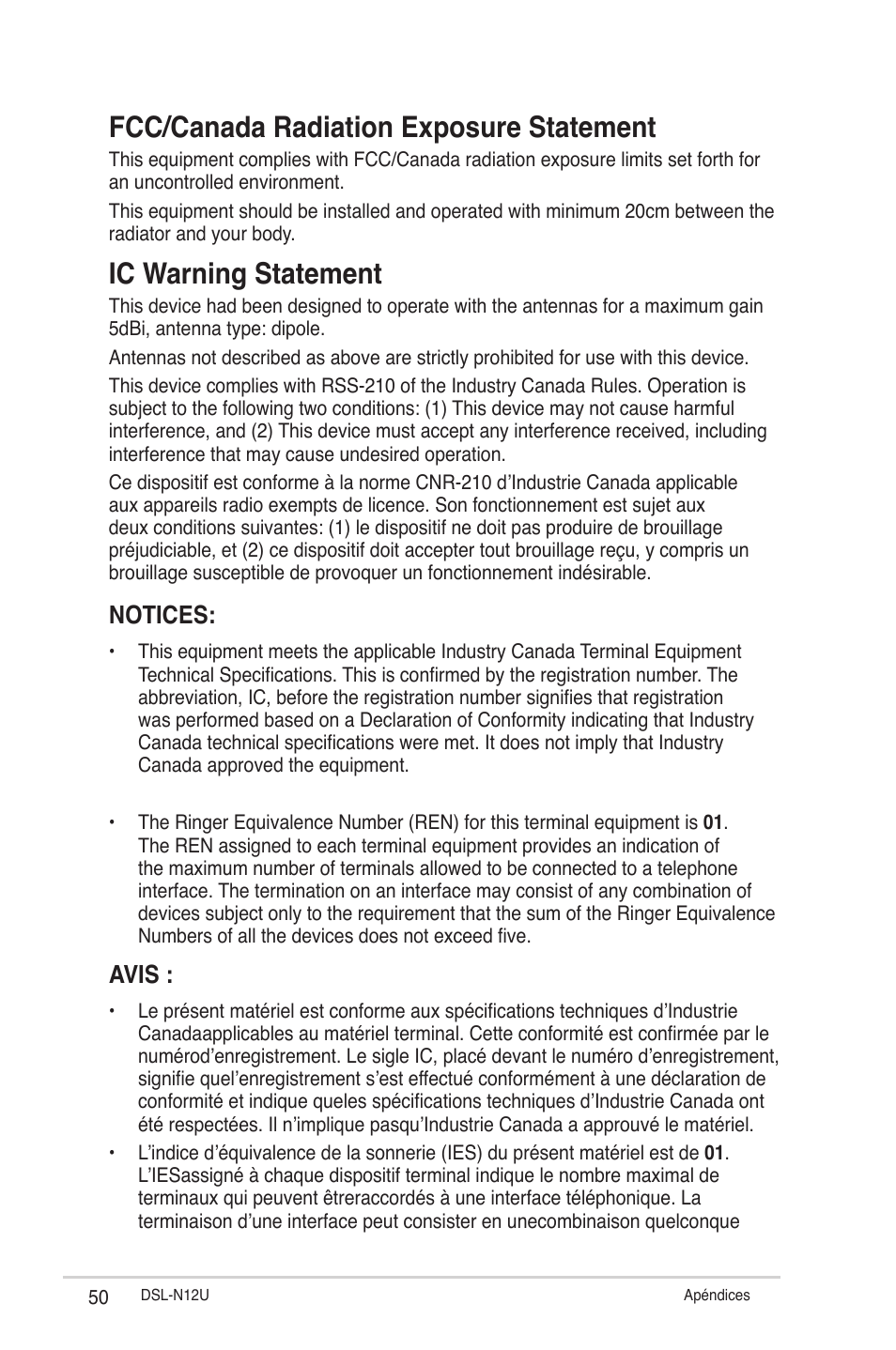 Fcc/canada radiation exposure statement, Ic warning statement, Notices | Avis | Asus DSL-N12U User Manual | Page 50 / 61