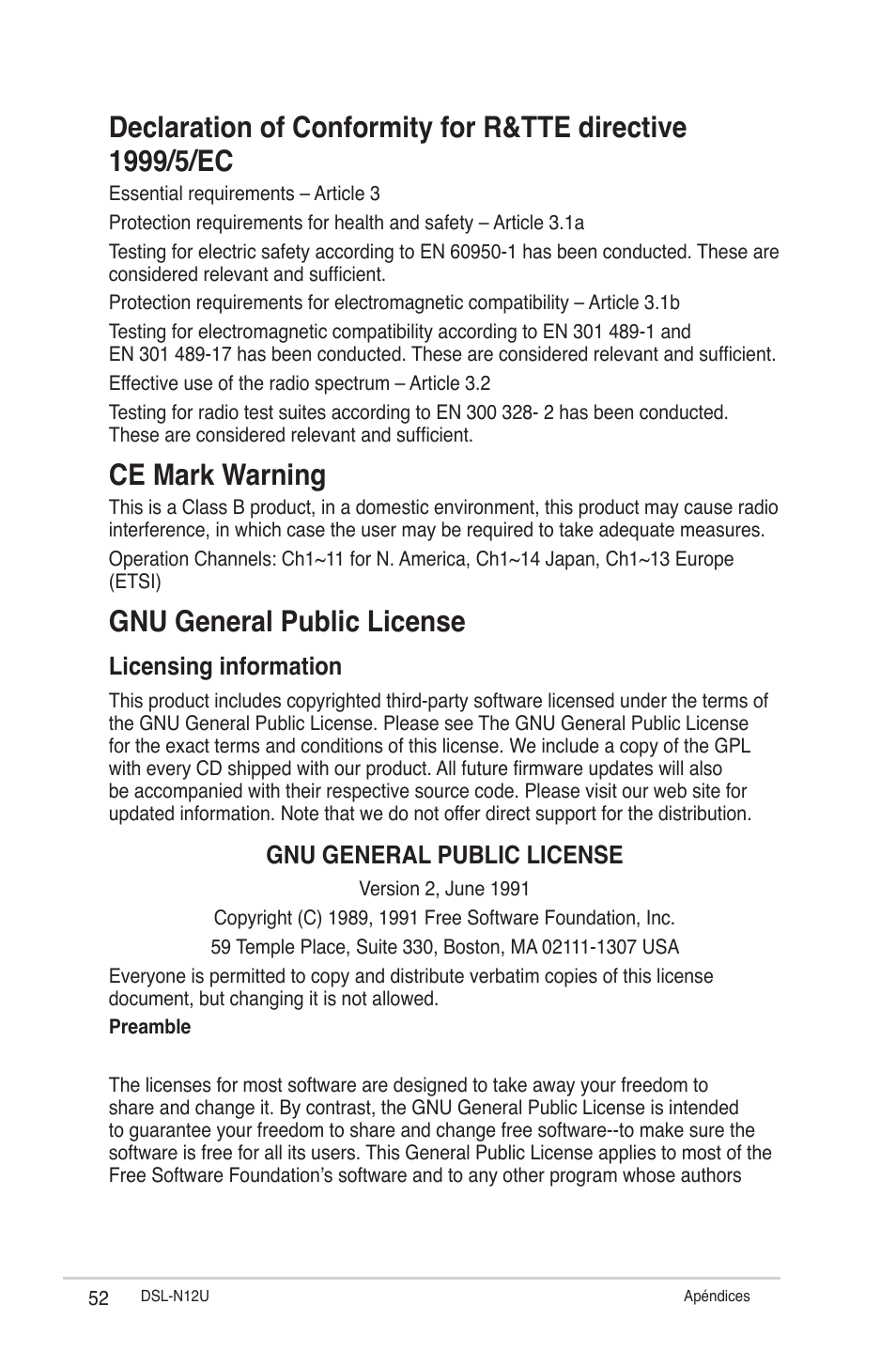 Ce mark warning, Gnu general public license, Licensing information | Asus DSL-N12U User Manual | Page 52 / 61