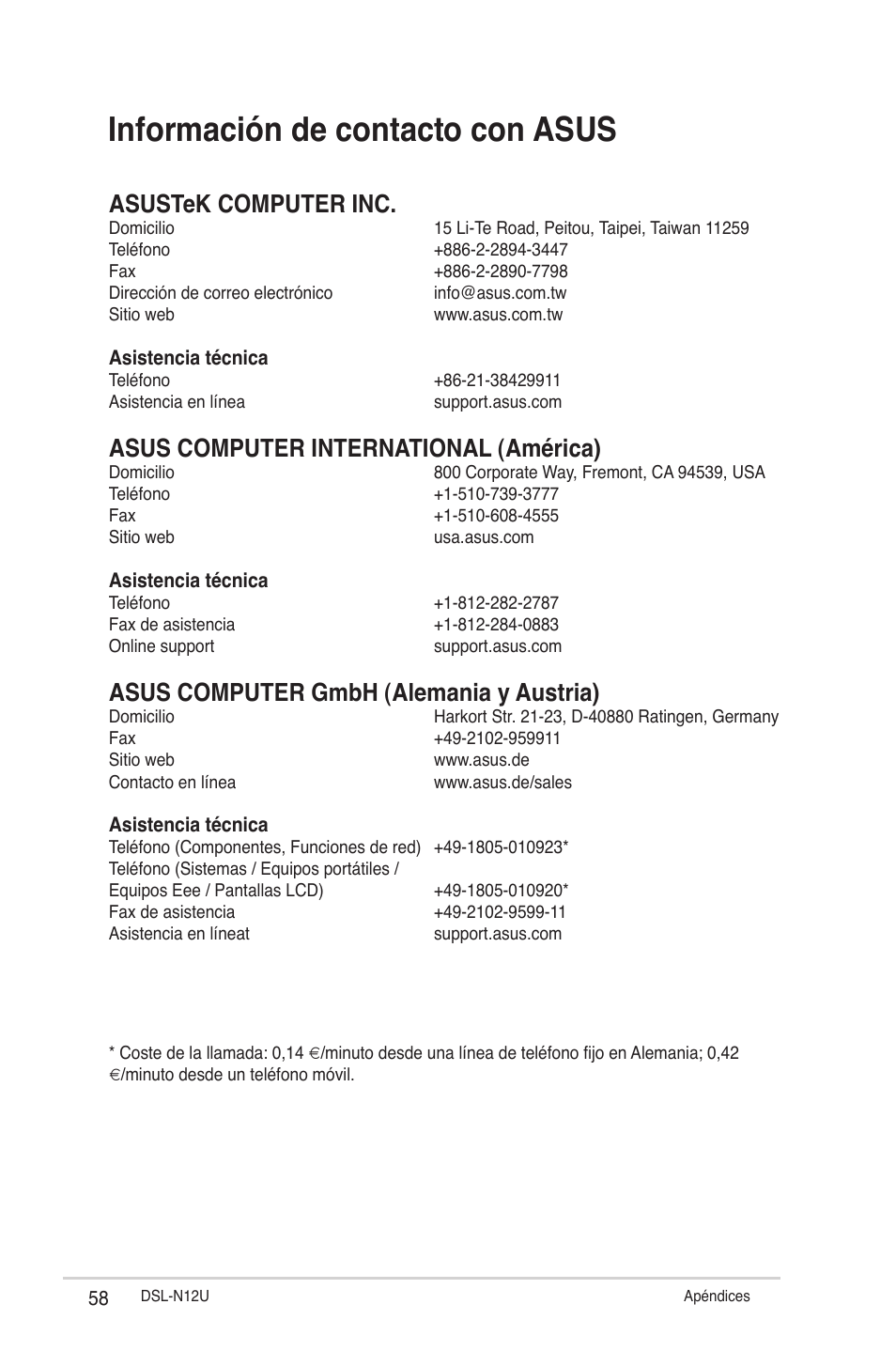 Información de contacto con asus, Asustek computer inc, Asus computer international (américa) | Asus computer gmbh (alemania y austria) | Asus DSL-N12U User Manual | Page 58 / 61