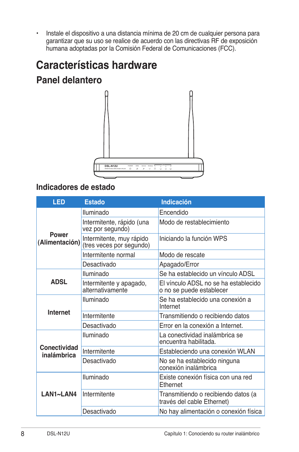 Características hardware, Panel delantero, Indicadores de estado | Asus DSL-N12U User Manual | Page 8 / 61