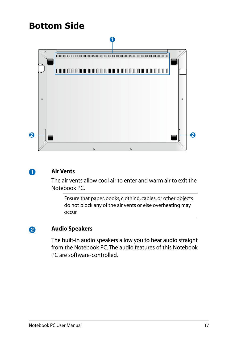 Bottom side | Asus BU400V User Manual | Page 17 / 98