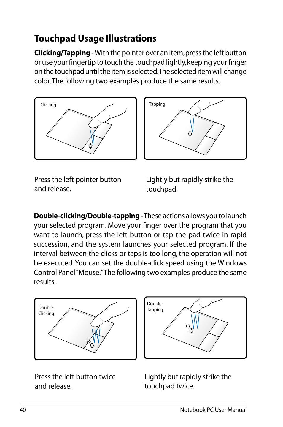 Touchpad usage illustrations | Asus BU400V User Manual | Page 40 / 98