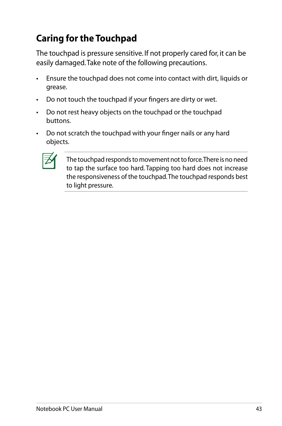 Caring for the touchpad | Asus BU400V User Manual | Page 43 / 98