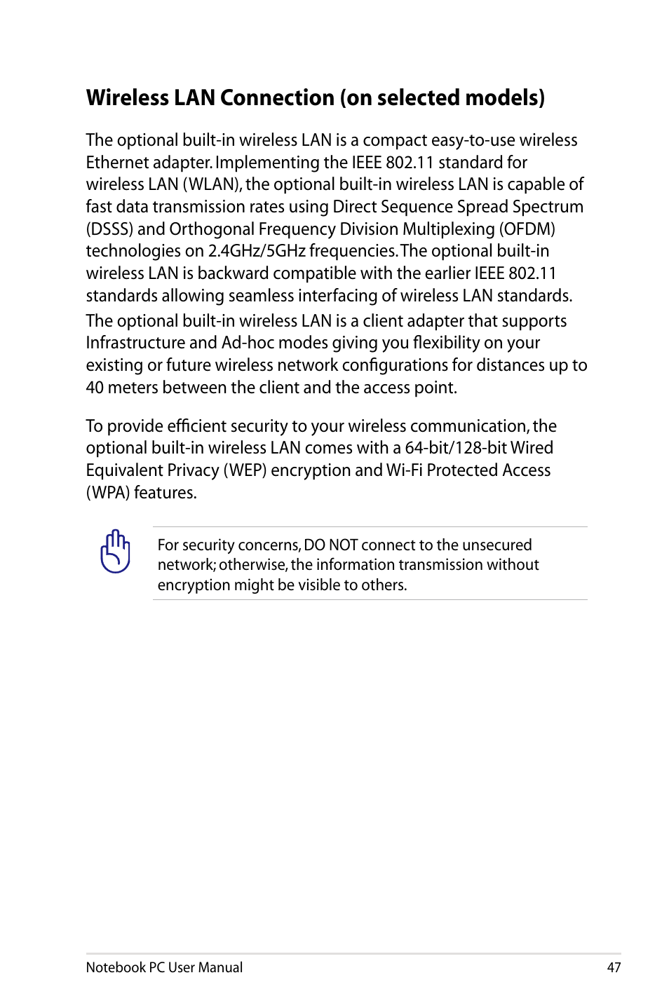 Wireless lan connection (on selected models) | Asus BU400V User Manual | Page 47 / 98