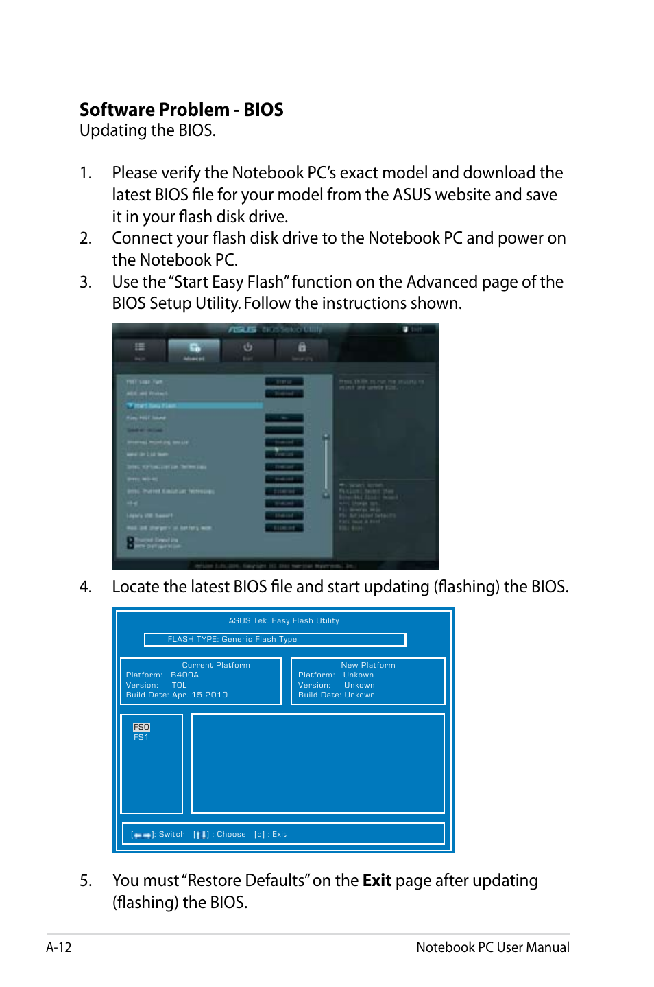 Software problem - bios | Asus BU400V User Manual | Page 70 / 98