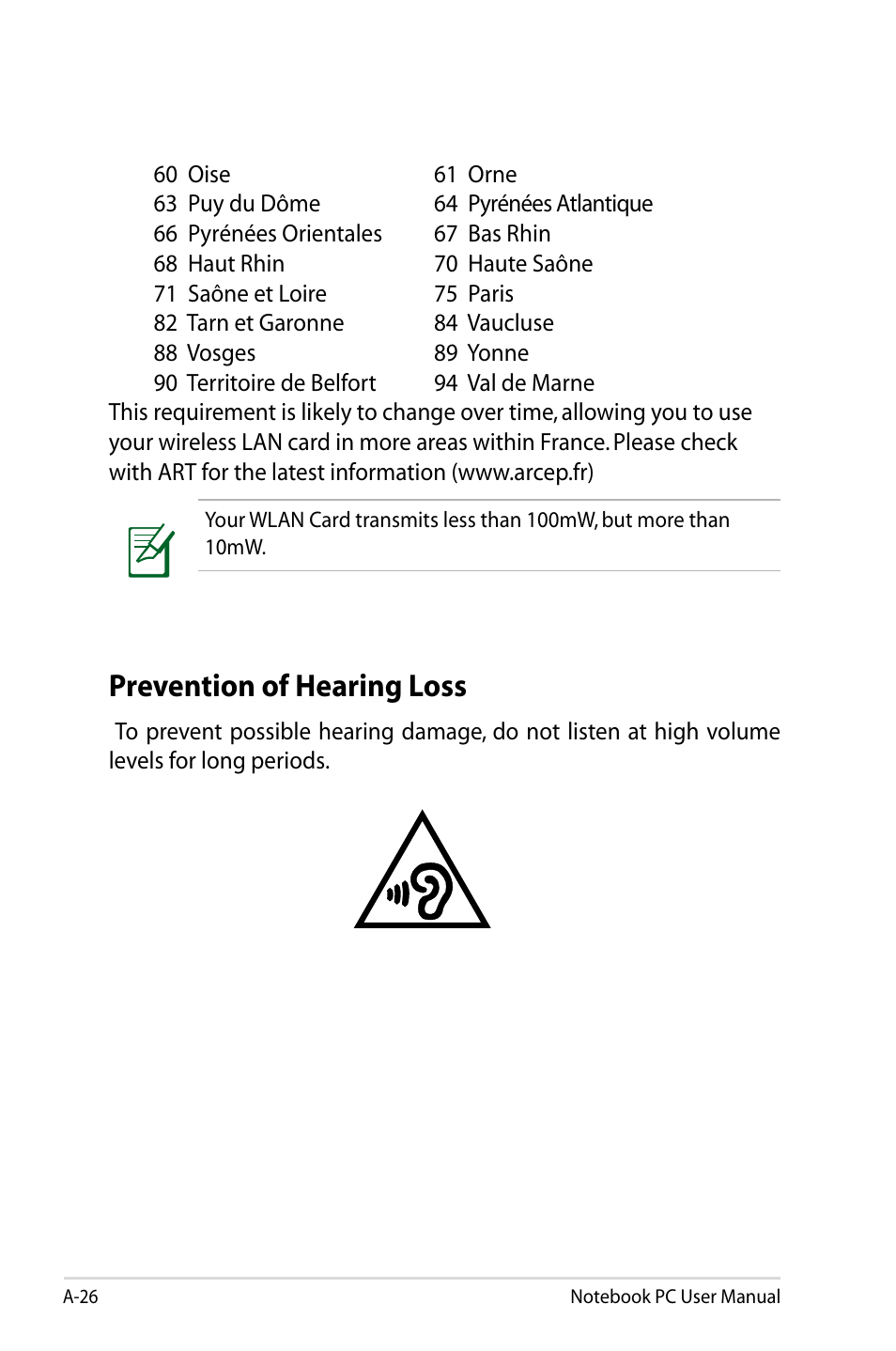 Prevention of hearing loss | Asus BU400V User Manual | Page 84 / 98