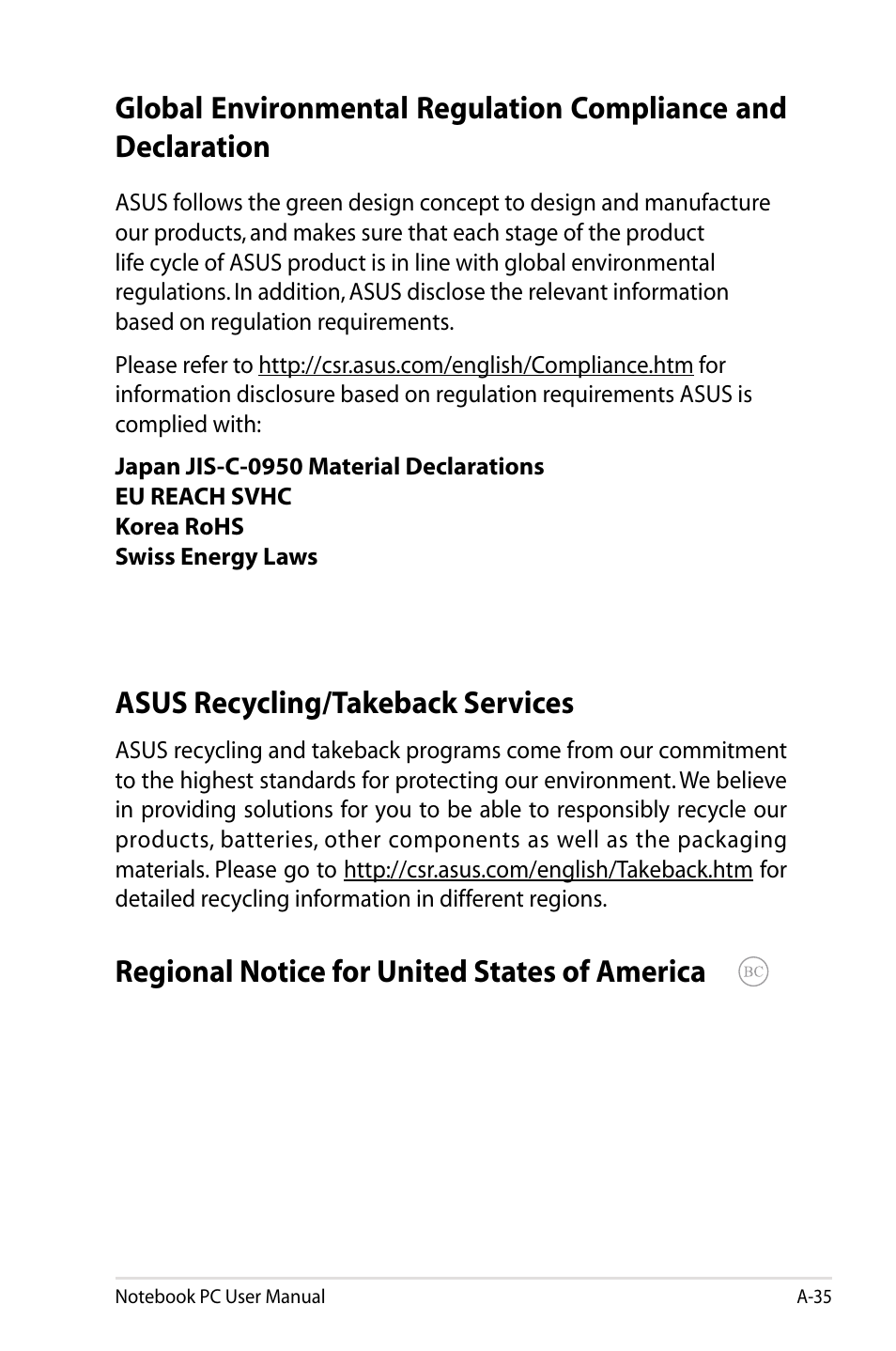 Asus recycling/takeback services, Regional notice for united states of america | Asus BU400V User Manual | Page 93 / 98