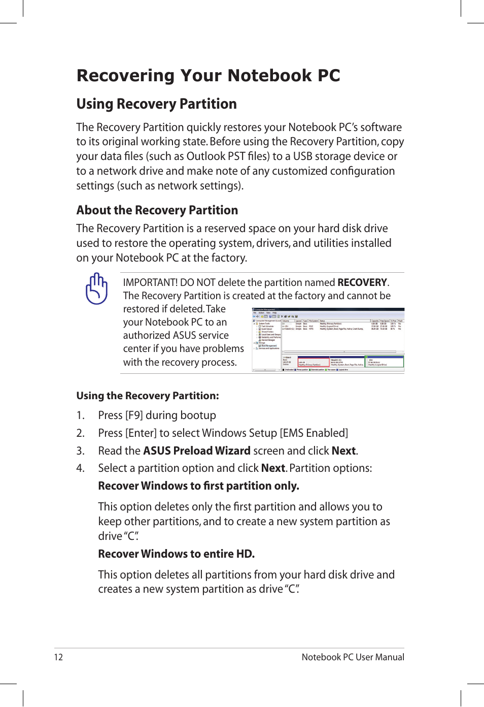 Recovering your notebook pc, Using recovery partition | Asus X66IC User Manual | Page 12 / 24