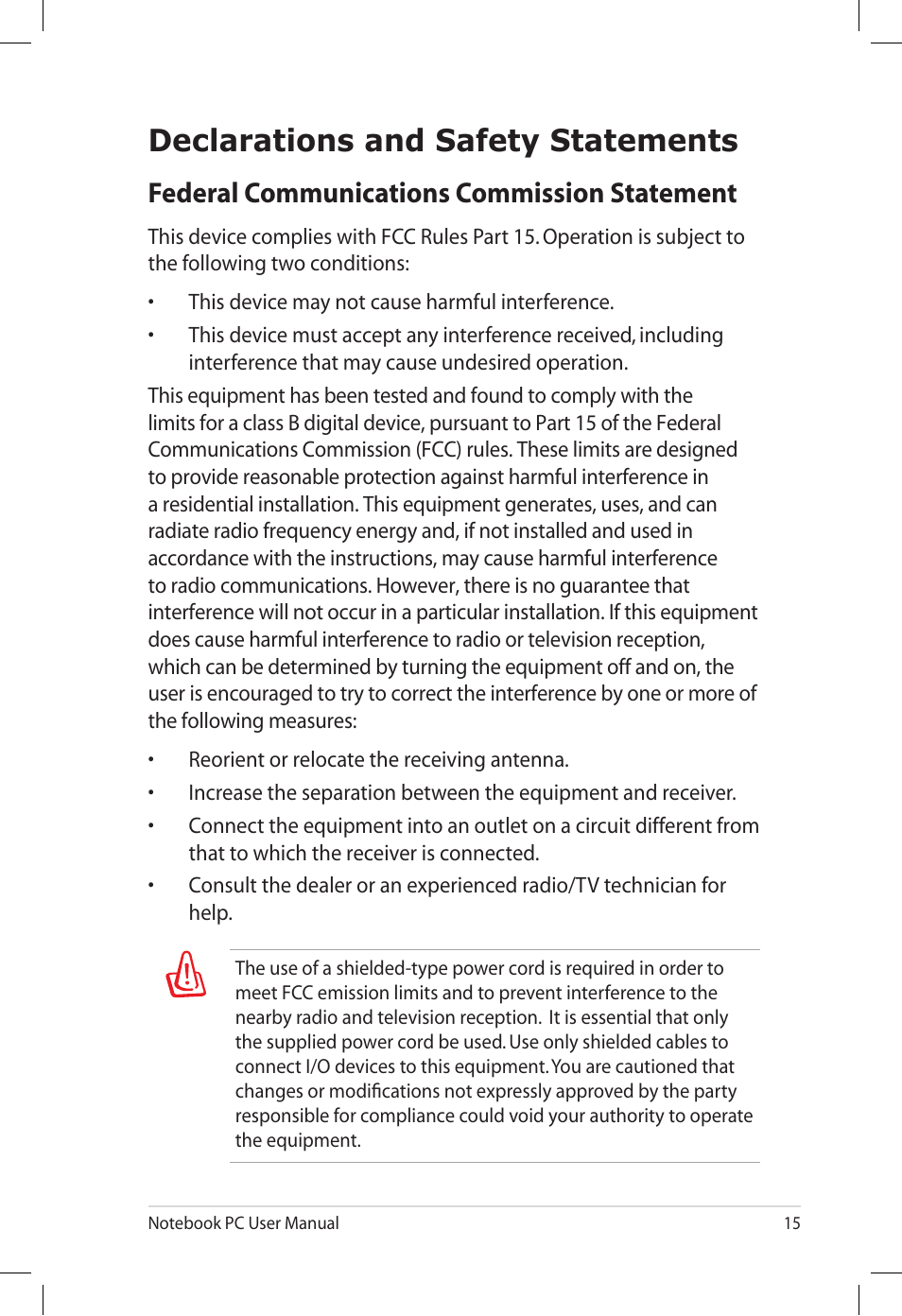 Declarations and safety statements, Federal communications commission statement | Asus X66IC User Manual | Page 15 / 24