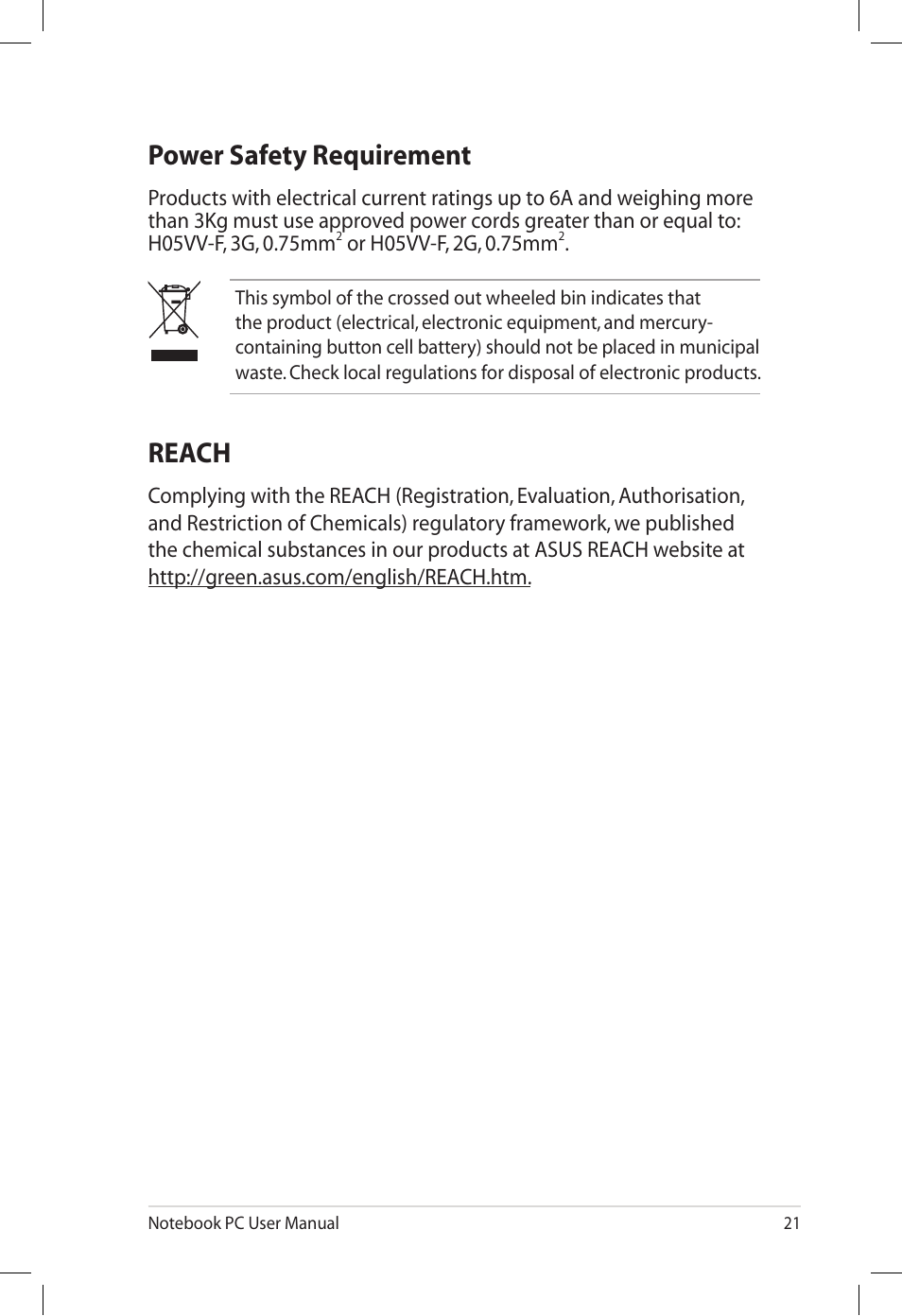 Power safety requirement, Reach | Asus X66IC User Manual | Page 21 / 24