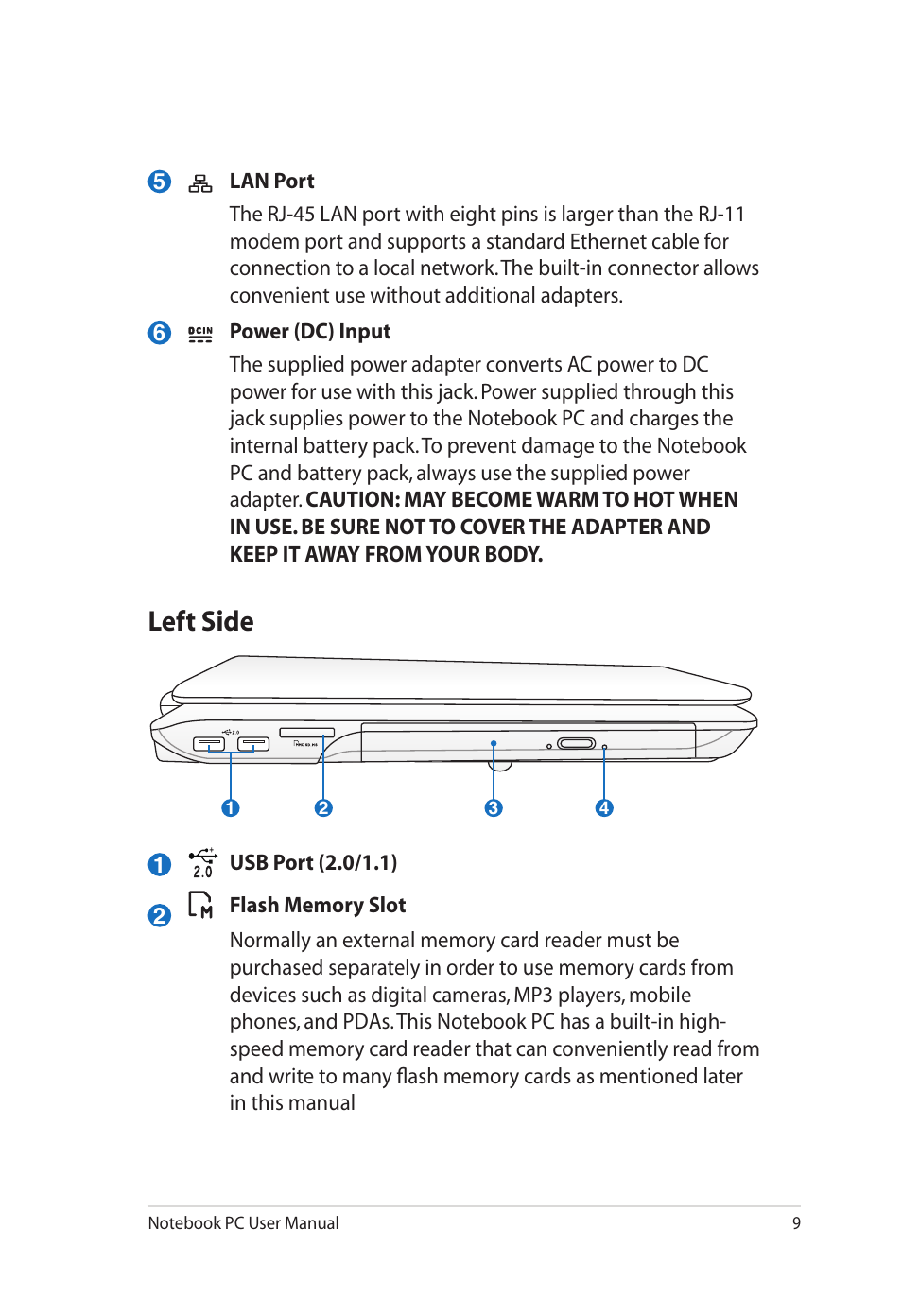 Left side | Asus X66IC User Manual | Page 9 / 24