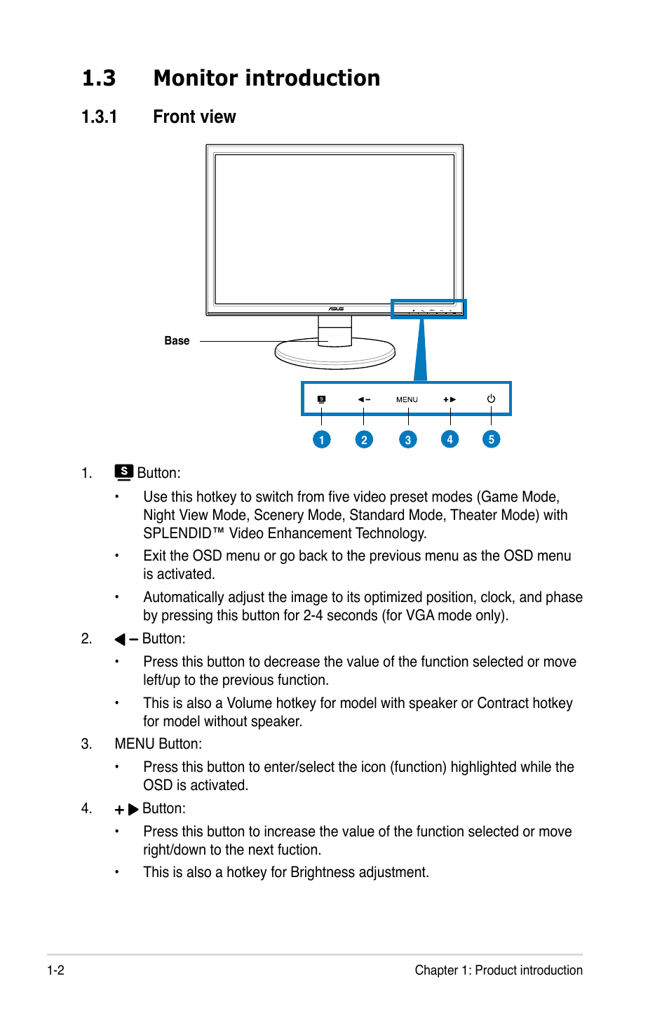 3 monitor introduction, 1 front view, Monitor introduction -2 1.3.1 | Front view -2 | Asus VW225TL User Manual | Page 10 / 26