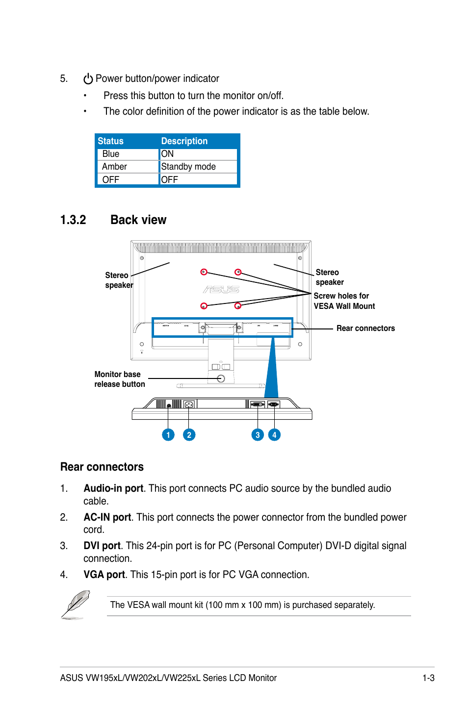 2 back view, Back view -3, Rear connectors | Asus VW225TL User Manual | Page 11 / 26