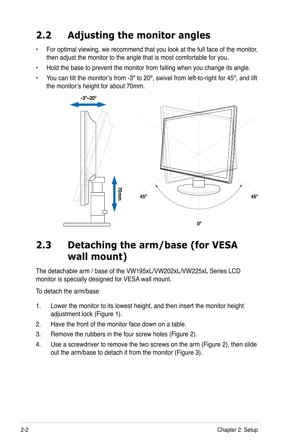 2 adjusting the monitor angles, 3 detaching the arm/base (for vesa wall mount), Adjusting the monitor angles -2 | Detaching the arm/base (for vesa wall mount) -2 | Asus VW225TL User Manual | Page 14 / 26