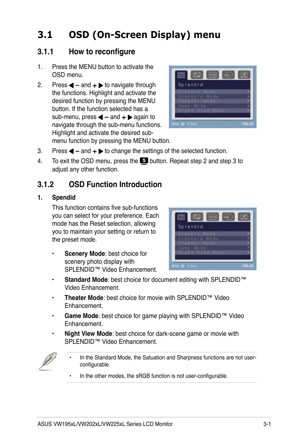 Chapter 3: general instruction, 1 osd (on-screen display) menu, 1 how to reconfigure | 2 osd function introduction, Chapter 3, General instruction, Osd (on-screen display) menu -1 3.1.1, How to reconfigure -1, Osd function introduction -1 | Asus VW225TL User Manual | Page 19 / 26