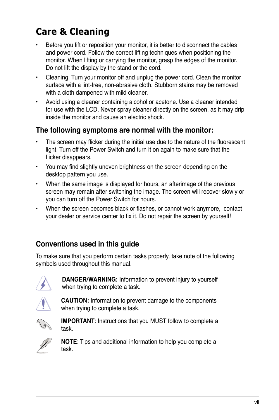 Care & cleaning, The following symptoms are normal with the monitor, Conventions used in this guide | Asus VW225TL User Manual | Page 7 / 26