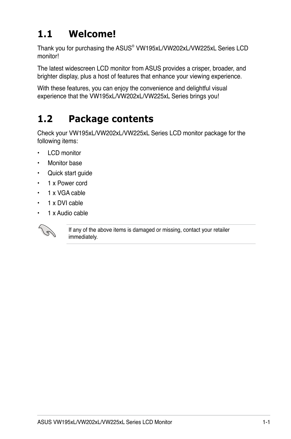 Chapter 1: product introduction, 1 welcome, 2 package contents | Chapter 1, Product introduction, Welcome! -1, Package contents -1 | Asus VW225TL User Manual | Page 9 / 26