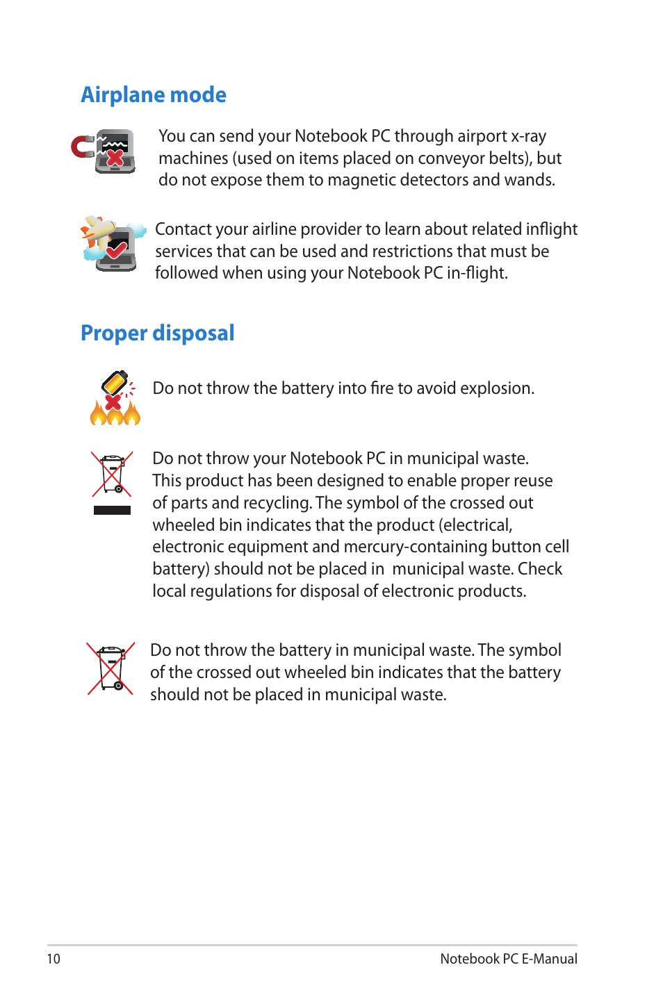 Airplane mode, Proper disposal, Airplane mode proper disposal | Asus R506A User Manual | Page 10 / 106