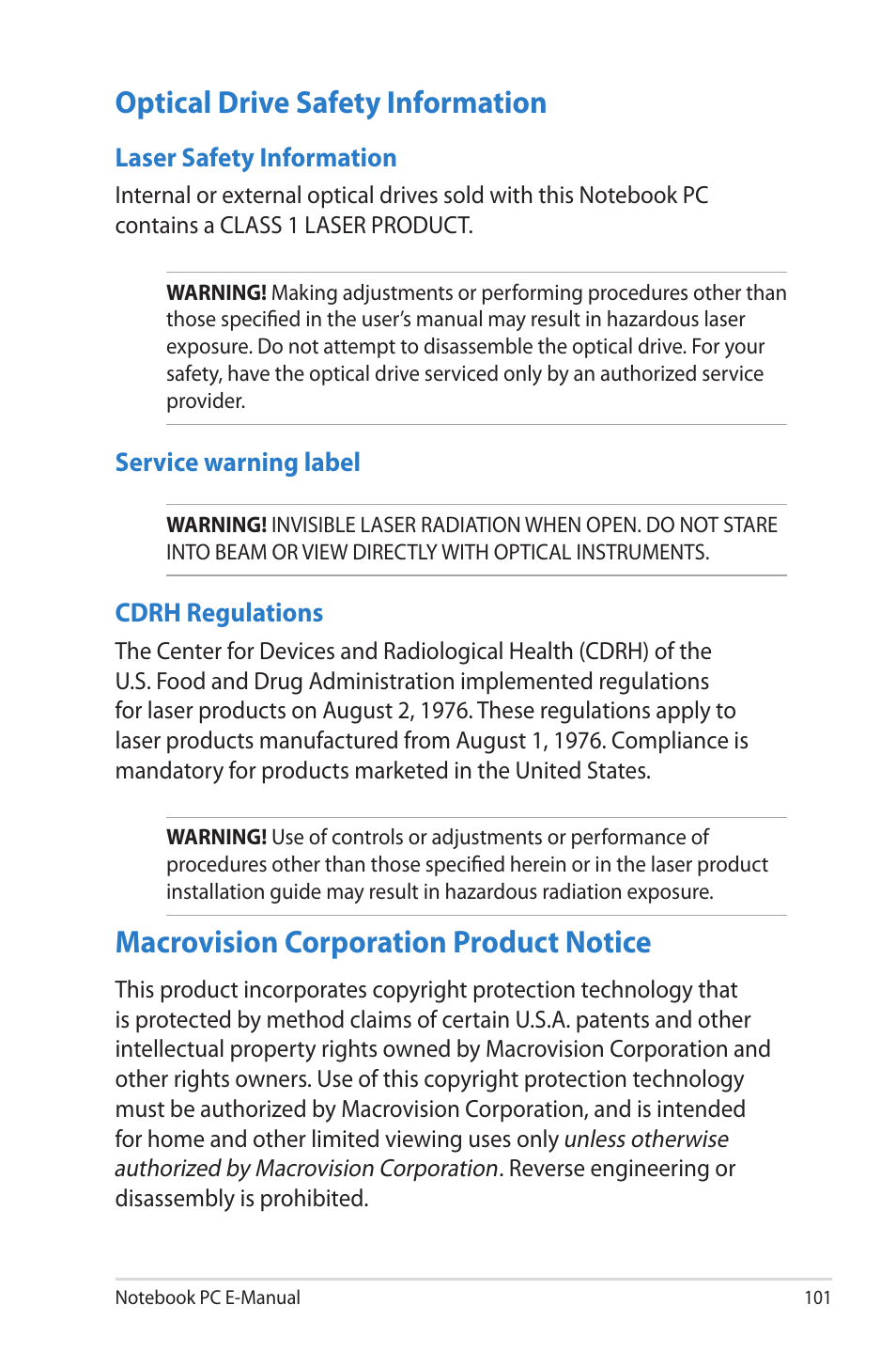 Optical drive safety information, Macrovision corporation product notice | Asus R506A User Manual | Page 101 / 106