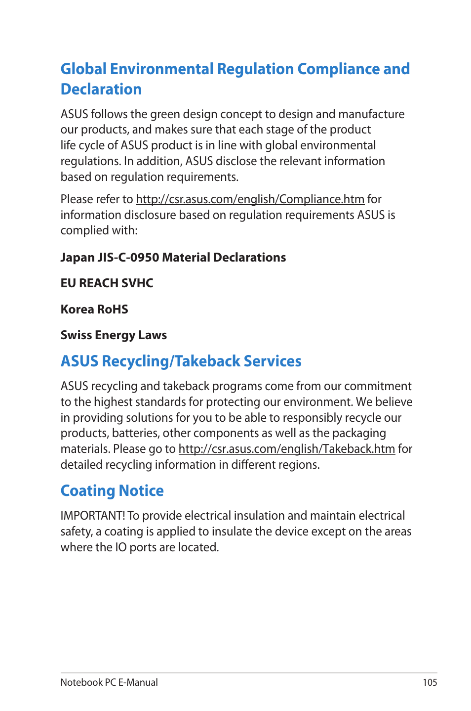 Asus recycling/takeback services, Coating notice | Asus R506A User Manual | Page 105 / 106