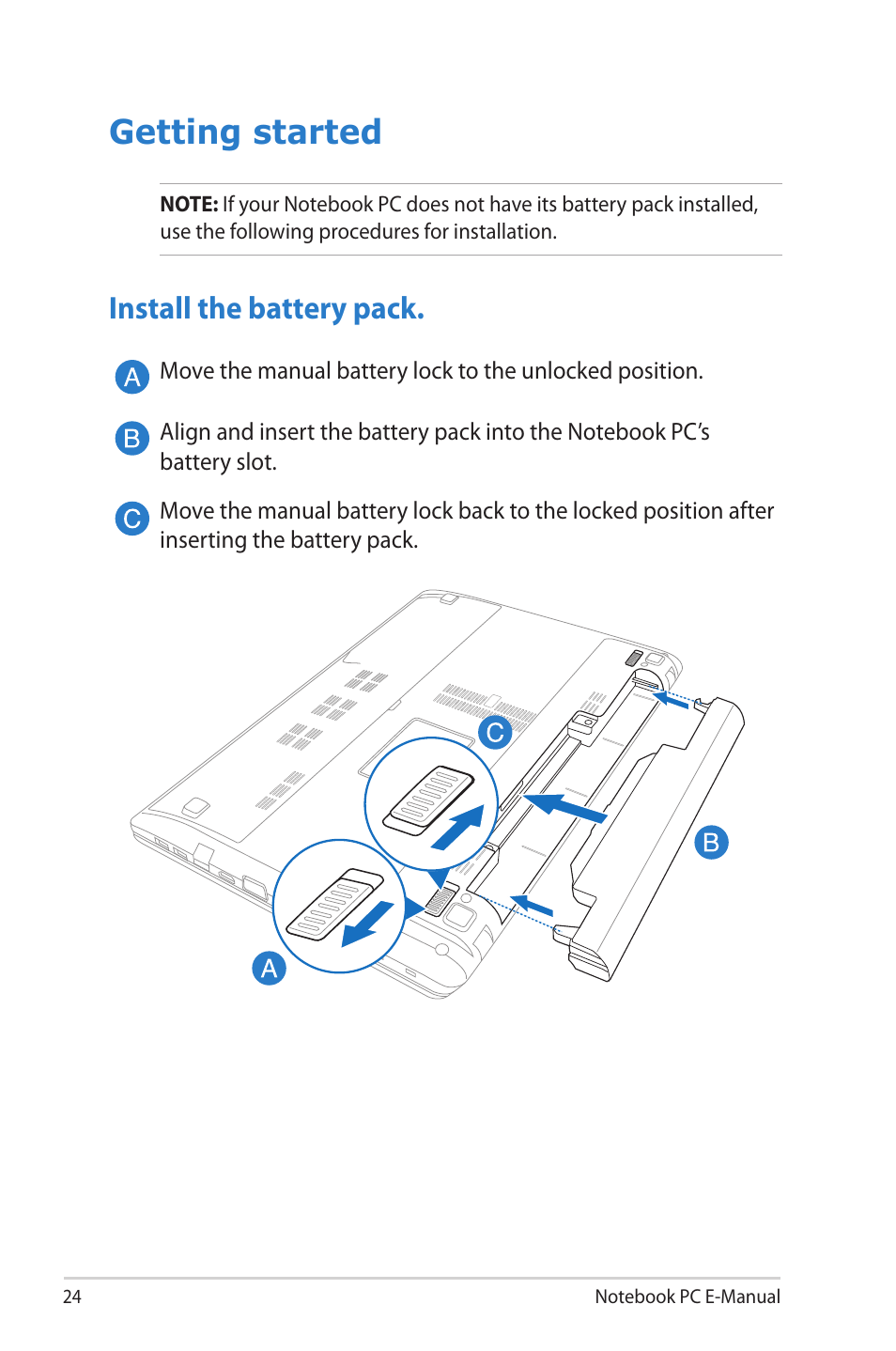 Getting started, Install the battery pack | Asus R506A User Manual | Page 24 / 106