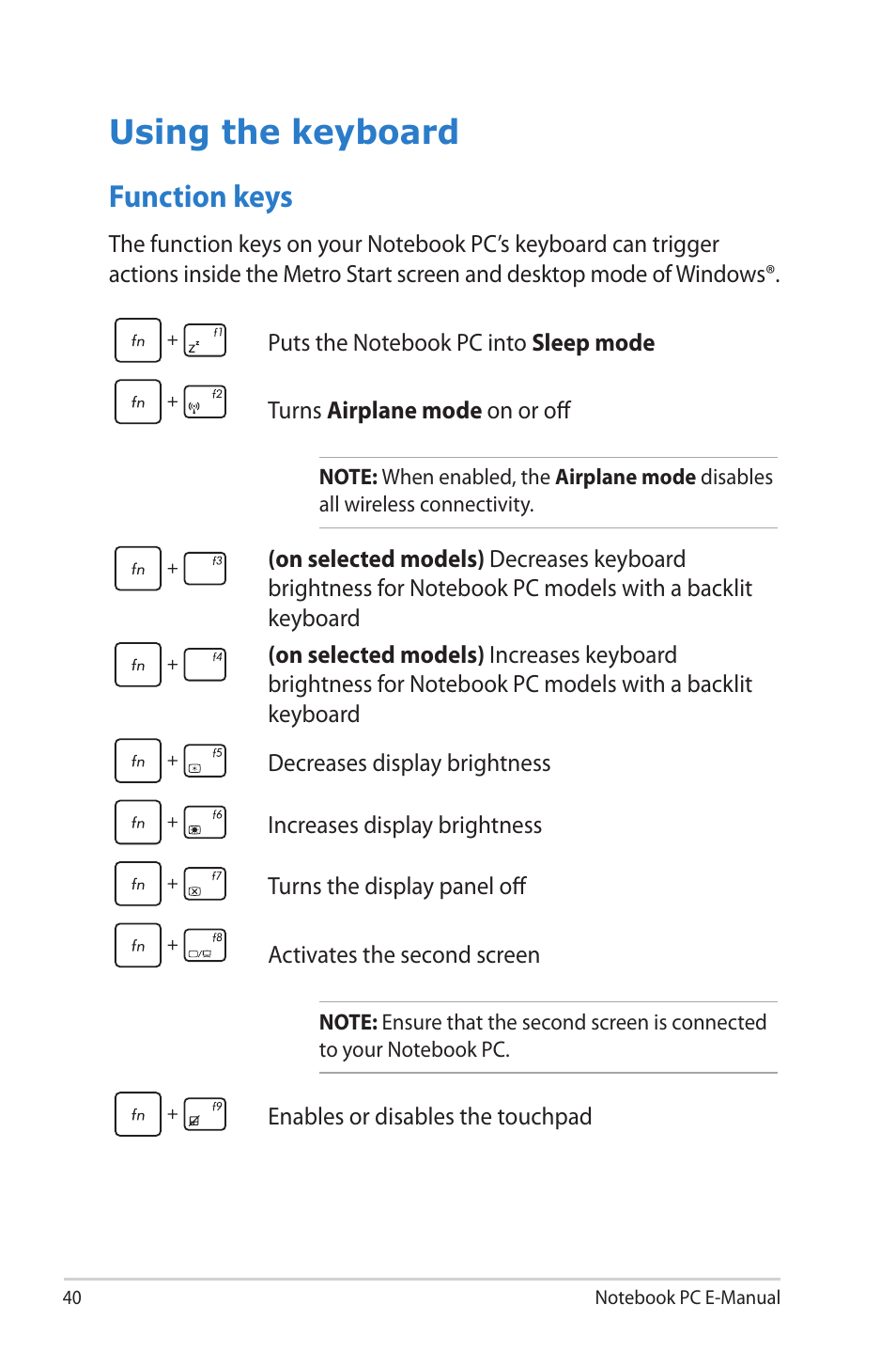 Using the keyboard, Function keys | Asus R506A User Manual | Page 40 / 106
