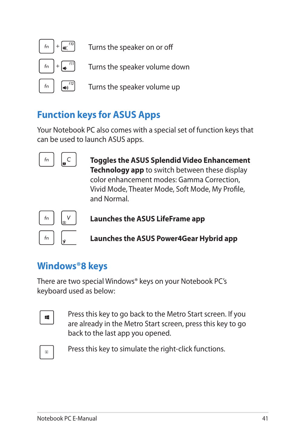 Function keys for asus apps, Windows®8 keys, Function keys for asus apps windows®8 keys | Asus R506A User Manual | Page 41 / 106