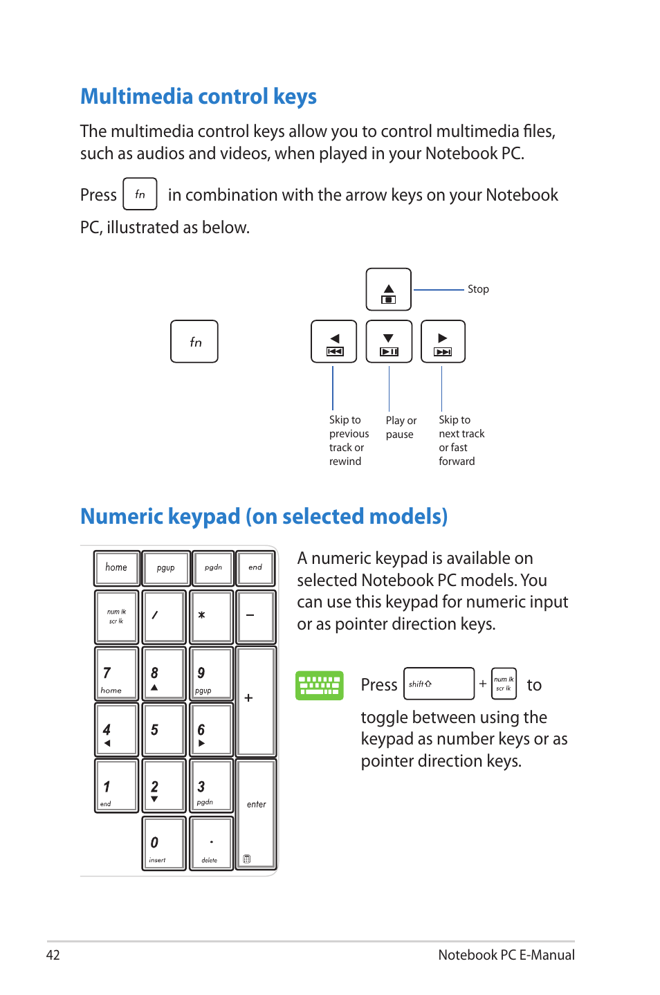 Multimedia control keys, Numeric keypad (on selected models) | Asus R506A User Manual | Page 42 / 106
