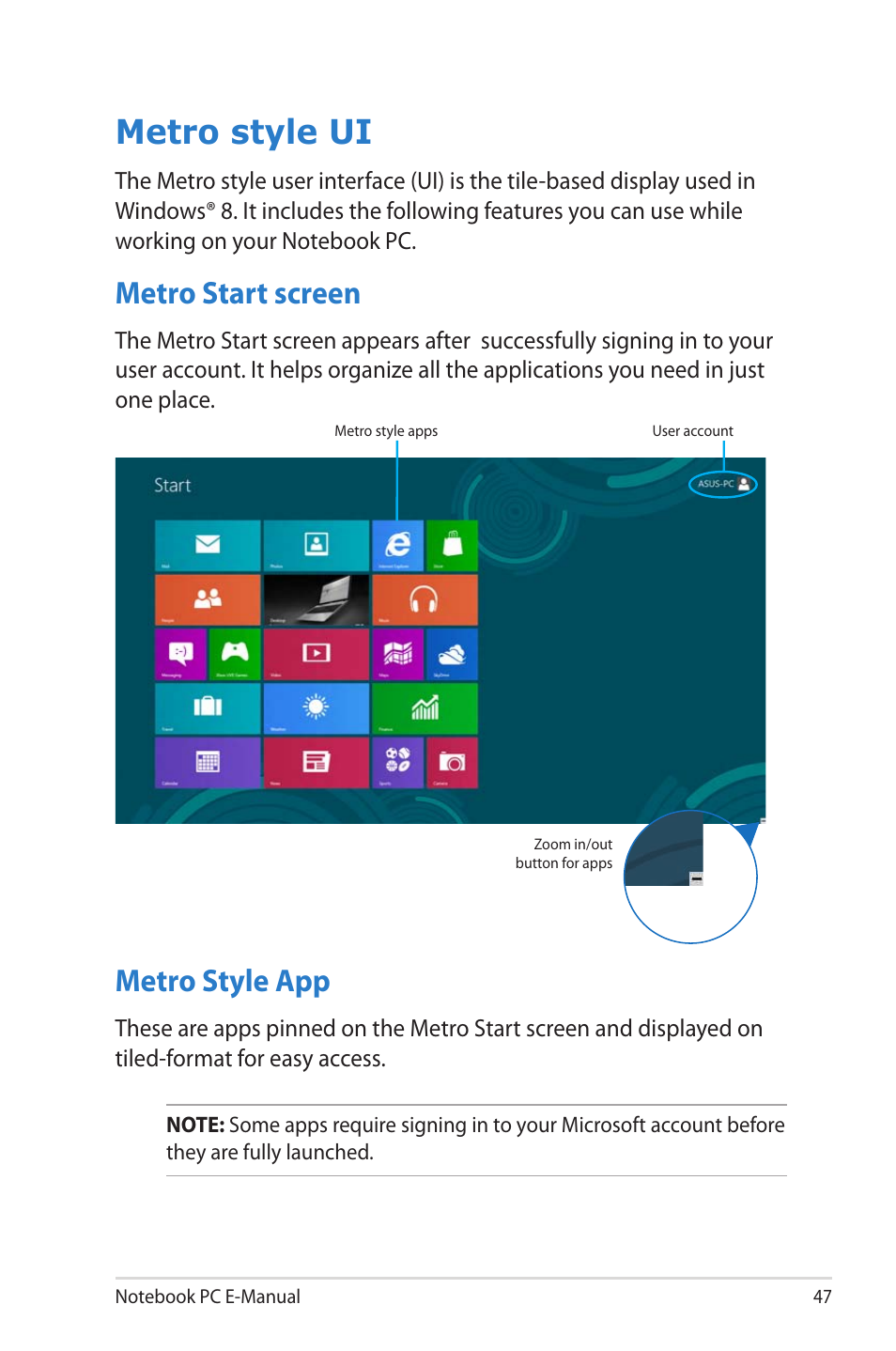 Metro style ui, Metro start screen, Metro style app | Metro start screen metro style app | Asus R506A User Manual | Page 47 / 106