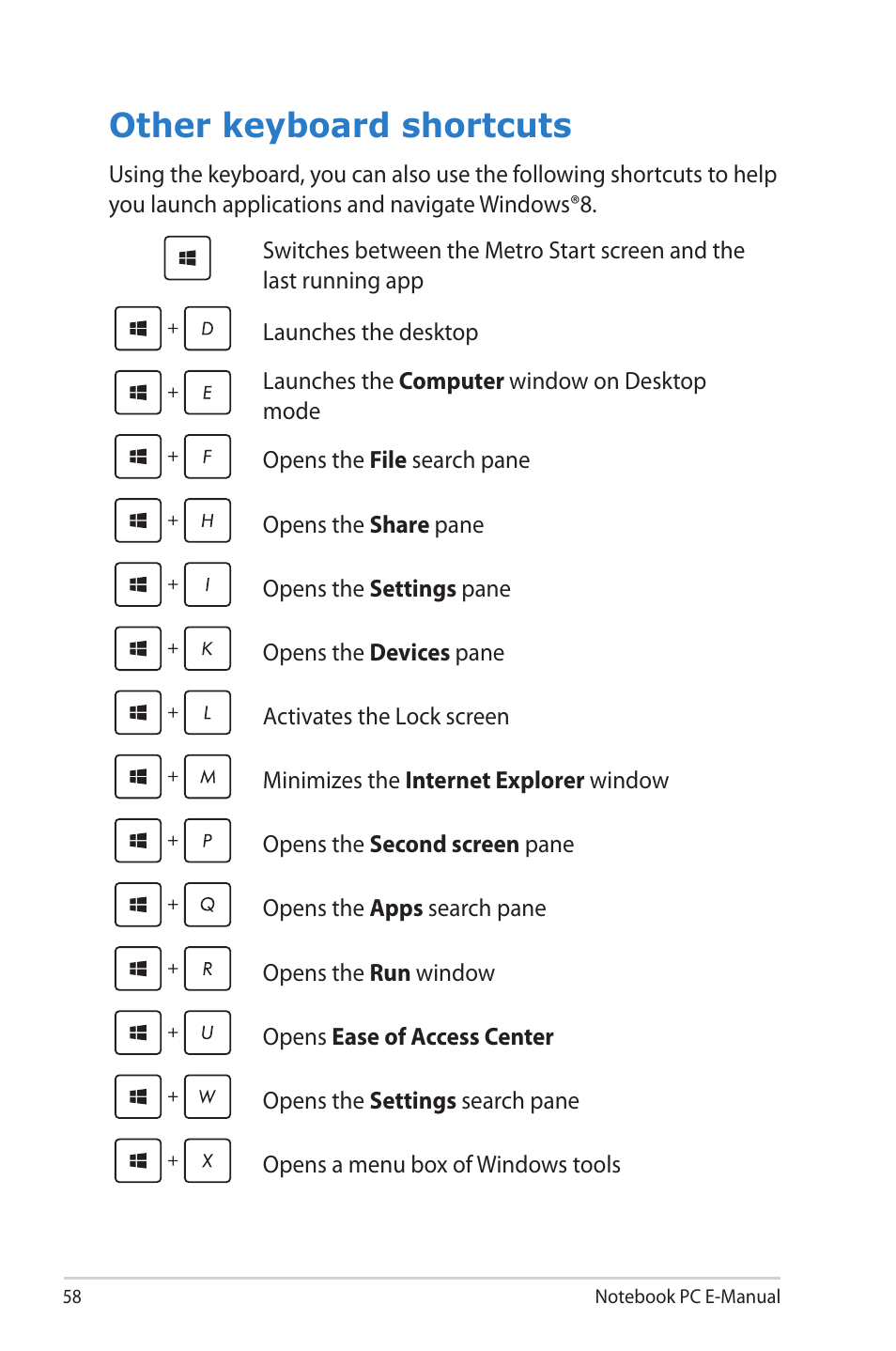 Other keyboard shortcuts | Asus R506A User Manual | Page 58 / 106