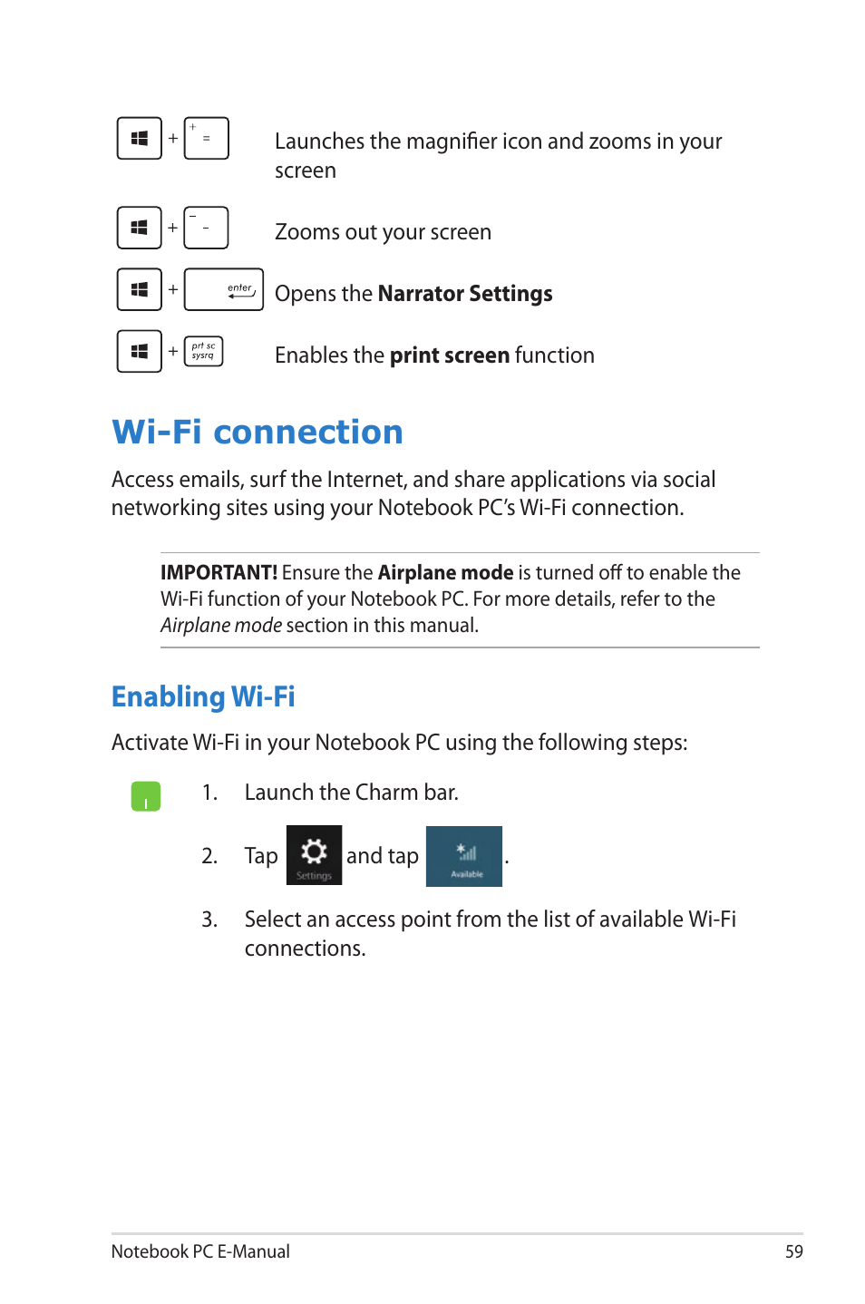 Wi-fi connection, Enabling wi-fi | Asus R506A User Manual | Page 59 / 106