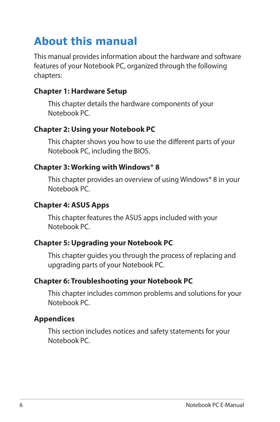 About this manual | Asus R506A User Manual | Page 6 / 106