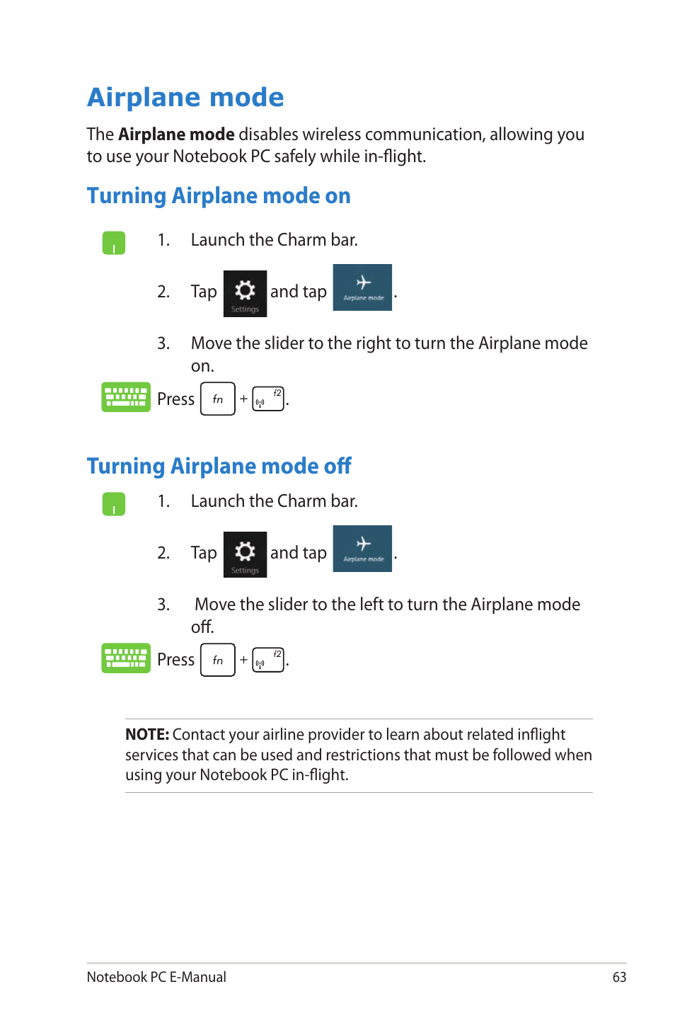 Airplane mode, Turning airplane mode on, Turning airplane mode off | Turning airplane mode on turning airplane mode off | Asus R506A User Manual | Page 63 / 106