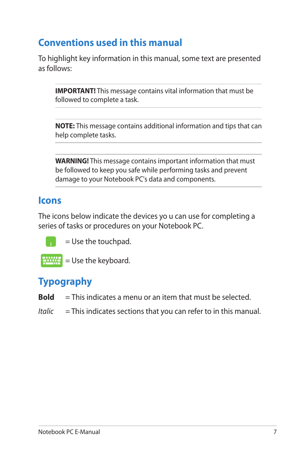 Conventions used in this manual, Icons, Typography | Conventions used in this manual icons | Asus R506A User Manual | Page 7 / 106