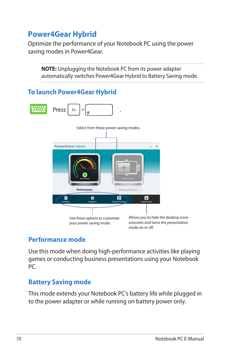 Power4gear hybrid, Battery saving mode, Performance mode | Asus R506A User Manual | Page 70 / 106