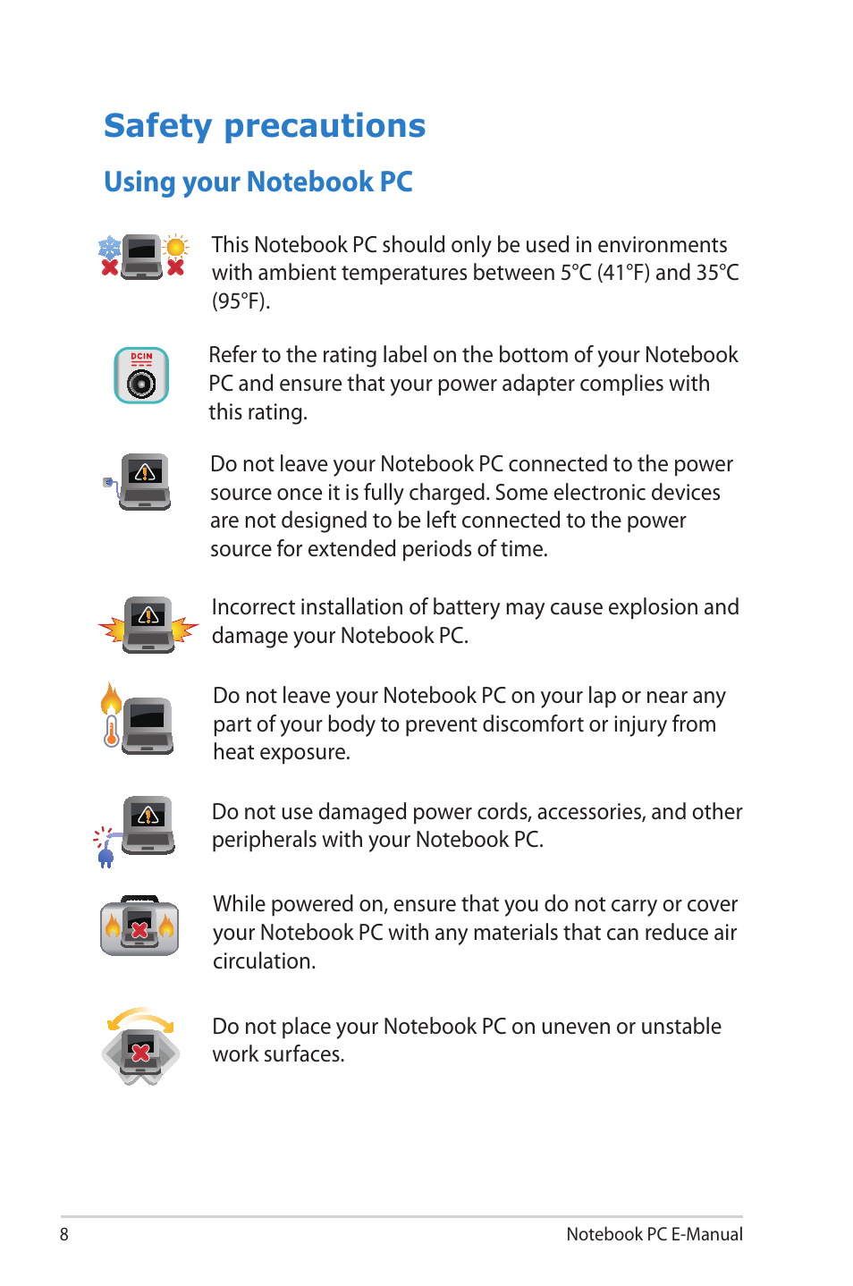 Safety precautions, Using your notebook pc | Asus R506A User Manual | Page 8 / 106