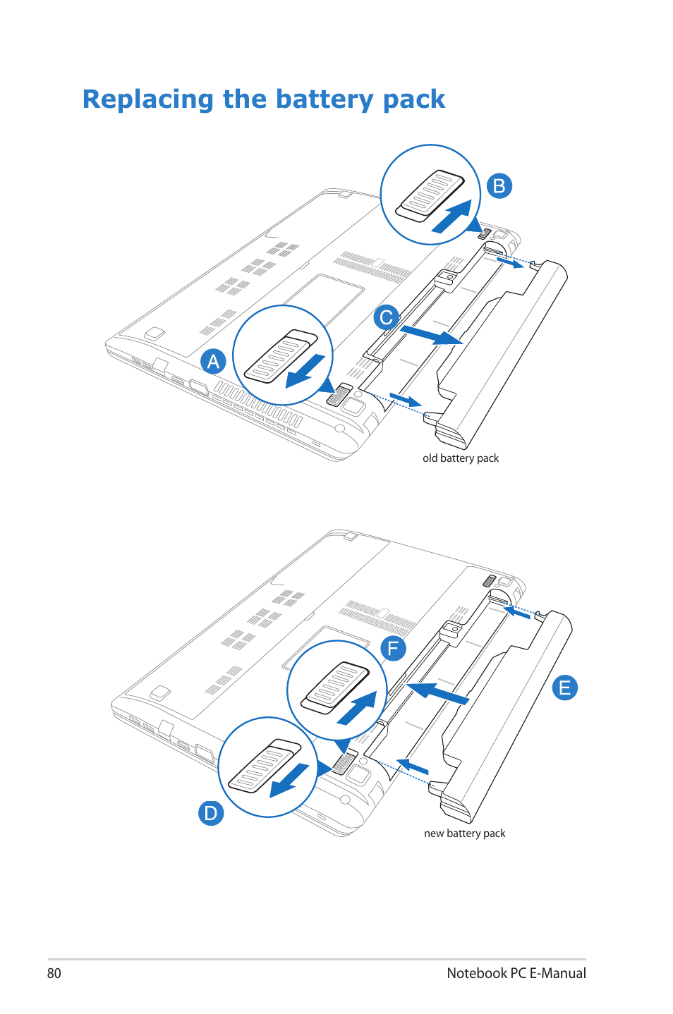 Replacing the battery pack | Asus R506A User Manual | Page 80 / 106