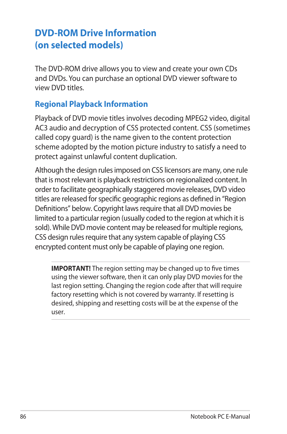 Dvd-rom drive information (on selected models) | Asus R506A User Manual | Page 86 / 106