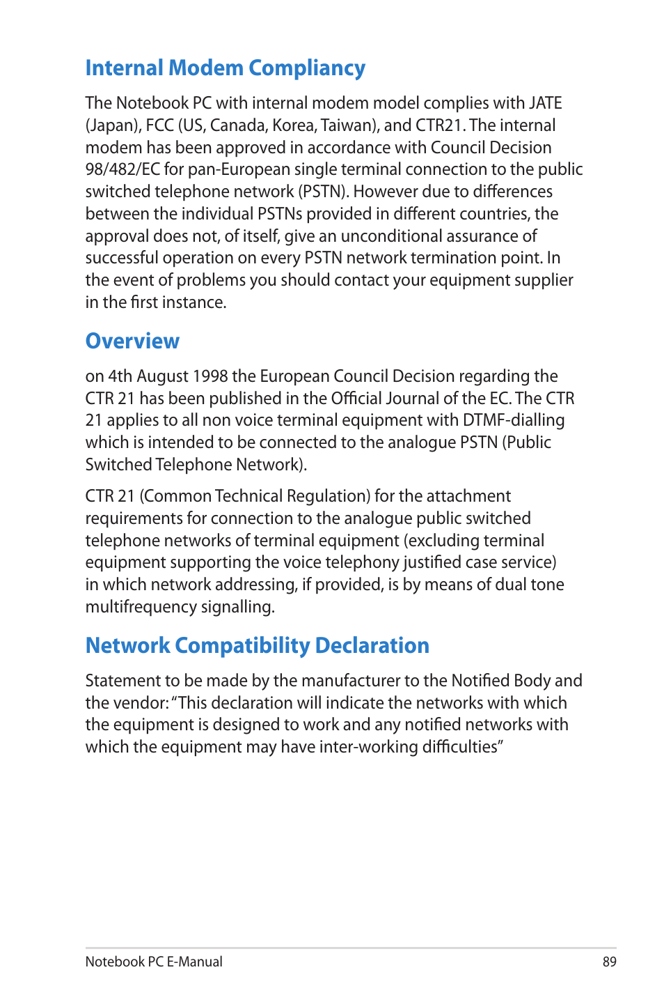 Internal modem compliancy, Overview, Network compatibility declaration | Asus R506A User Manual | Page 89 / 106