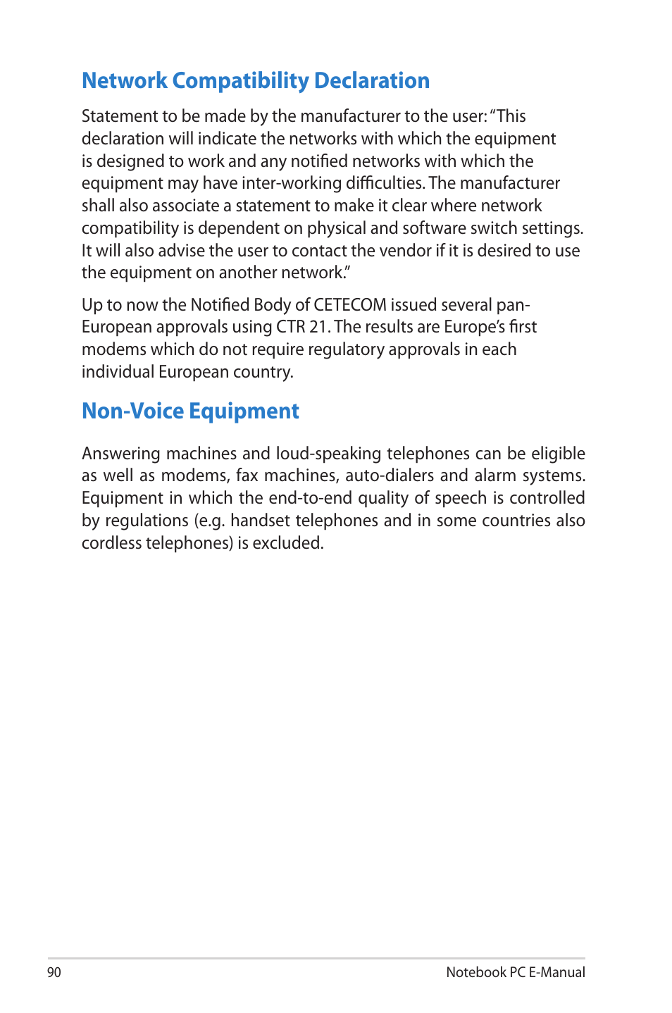 Network compatibility declaration, Non-voice equipment | Asus R506A User Manual | Page 90 / 106