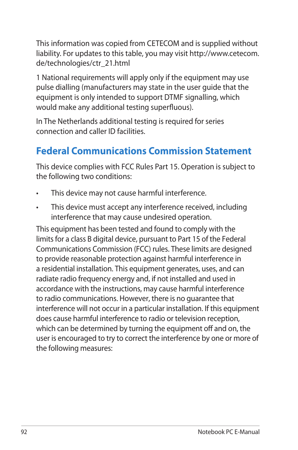 Federal communications commission statement | Asus R506A User Manual | Page 92 / 106