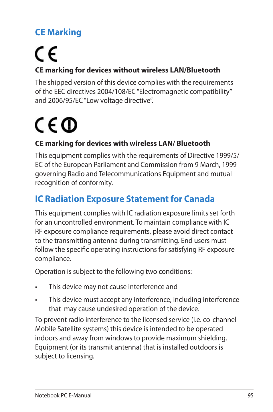 Ce marking, Ic radiation exposure statement for canada | Asus R506A User Manual | Page 95 / 106