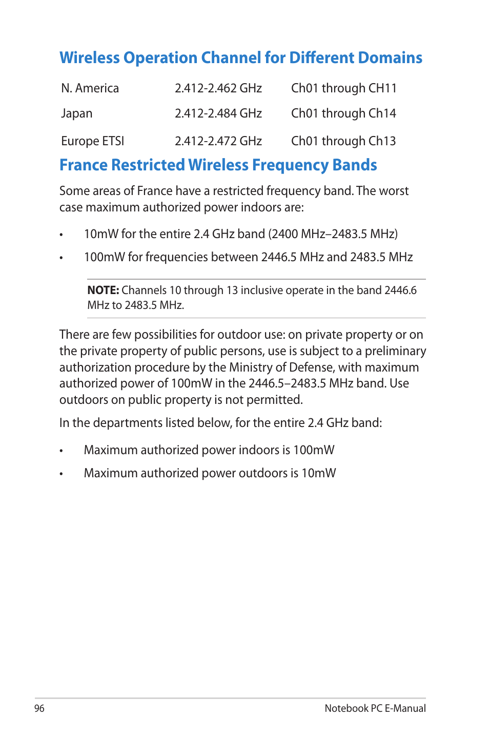 Wireless operation channel for different domains, France restricted wireless frequency bands | Asus R506A User Manual | Page 96 / 106