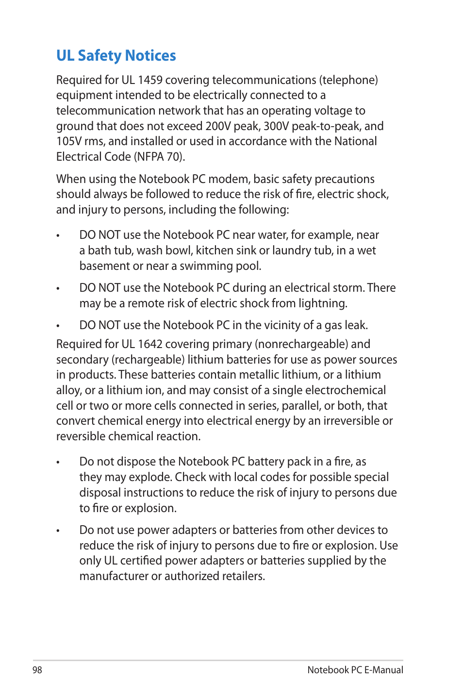 Ul safety notices | Asus R506A User Manual | Page 98 / 106