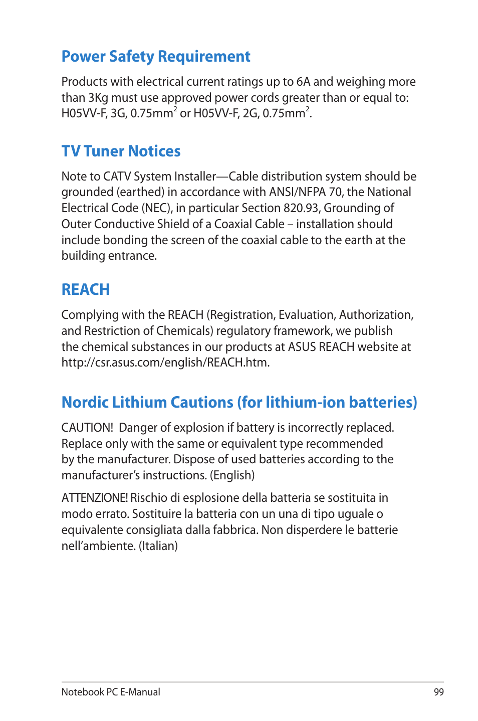 Power safety requirement, Reach, Tv tuner notices | Asus R506A User Manual | Page 99 / 106