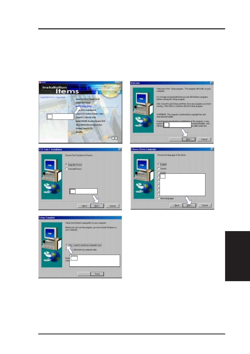 V. software setup, Install audio driver, Only with onboard audio option) | Asus P5-99B User Manual | Page 73 / 104