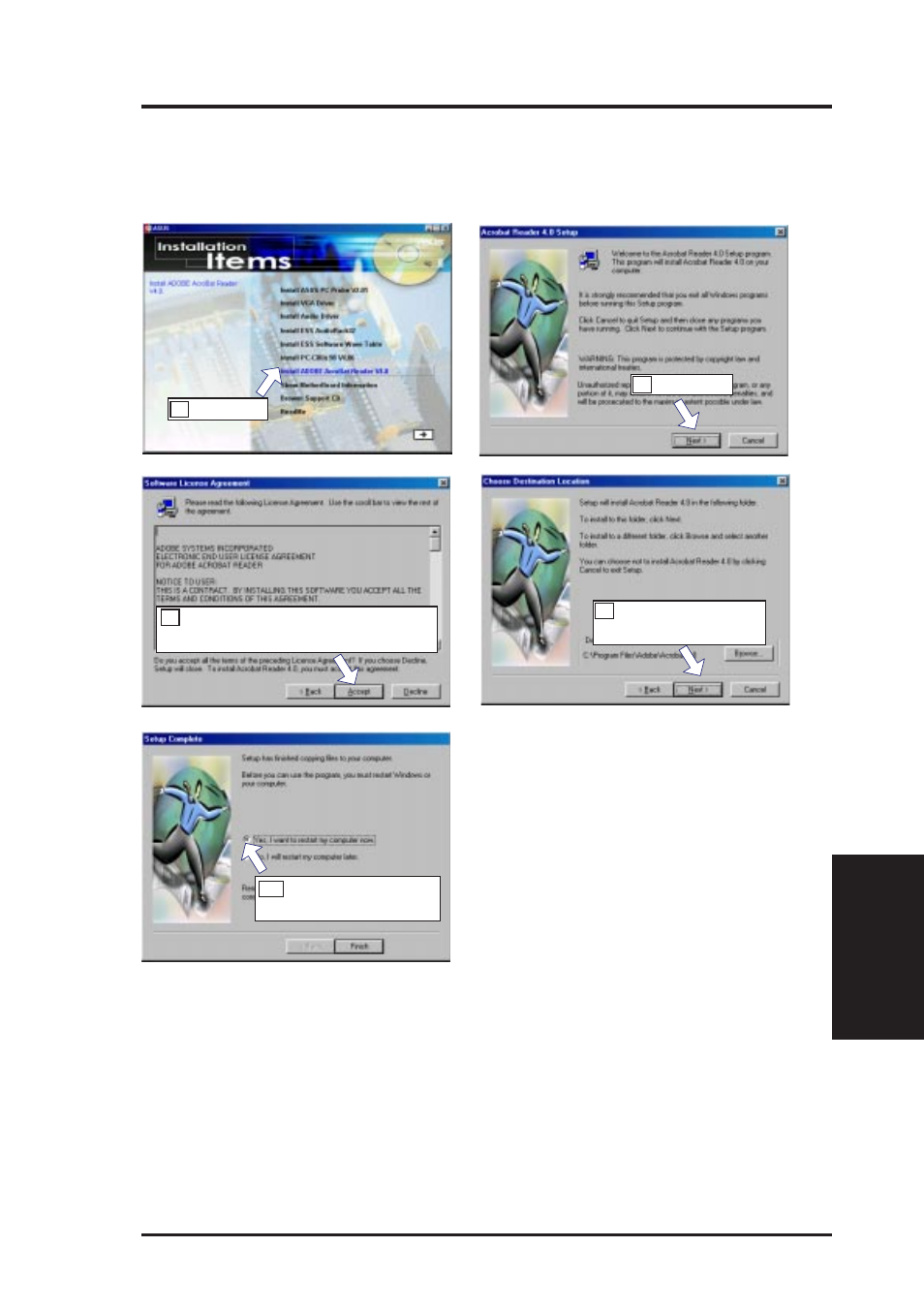V. software setup, Install adobe acrobat reader vx.x | Asus P5-99B User Manual | Page 77 / 104