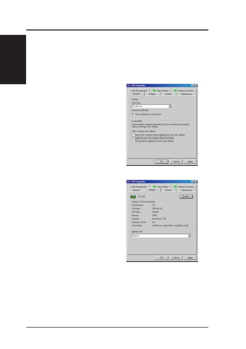 Vi. software reference, Sis 530 display properties, General | Adapter | Asus P5-99B User Manual | Page 88 / 104